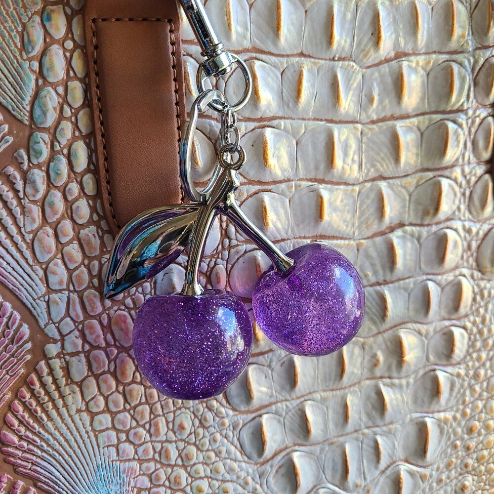 Purple Cherries Purse Charms with Key Ring Silver Toned Hardware NEW